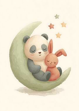 Panda and Bunny Sleeping on Moon