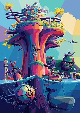 Gorillaz characters in a vibrant, surreal landscape