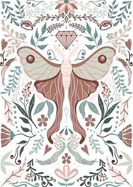 Moth and Floral Illustration in folk art style