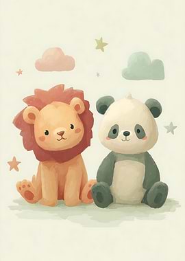 Cute Lion and Panda with Clouds and Stars