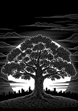 Tree Overlooking Cityscape at Night