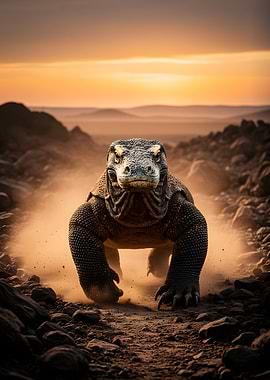 Komodo Dragon in a Dusty Landscape