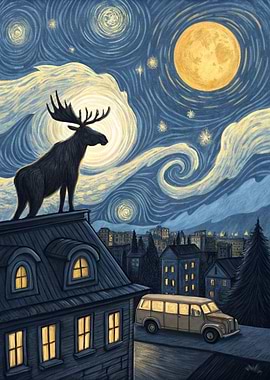 Moose on Rooftop Under Starry Night Sky
