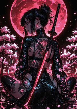 Cyberpunk Samurai Under a Pink Moon