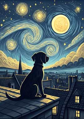 Dog on Rooftop Under Starry Night Sky