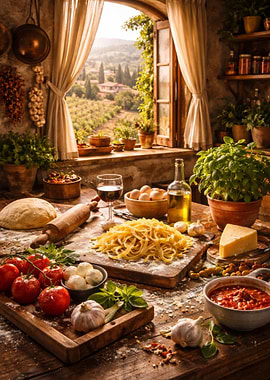 Tuscan Kitchen with Fresh Pasta Ingredients