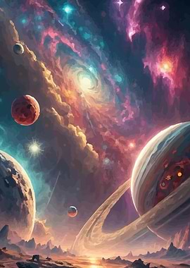 Cosmic Landscape with Planets and Nebula