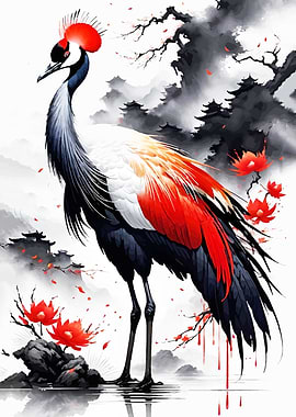 Elegant Crane with Red Flowers