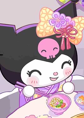 Kuromi in a Kimono Eating