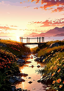 Sunset over a tranquil stream and meadow