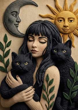 Knitted Witch with Black Cats and Celestial Symbols