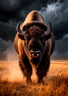 Majestic Bison in a Stormy Landscape