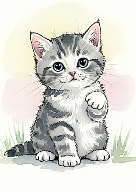 Cute Watercolor Kitten Waving