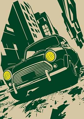 Retro Mini Cooper in a City