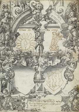 Ornate Coat of Arms with Figures and Text