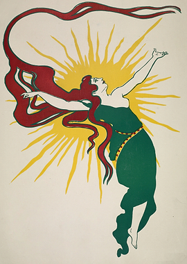 Woman with flowing hair and sunburst