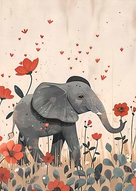 Elephant Among Red Flowers