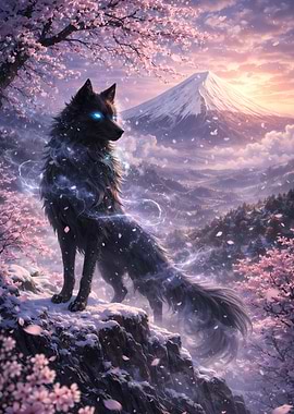 Mystical Wolf with Mount Fuji and Cherry Blossoms