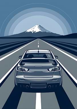 Car driving towards Mount Fuji