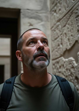 Man looking up at ancient carvings