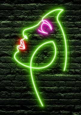 Beautiful Neon Woman Face on a dark Brick Wall Background