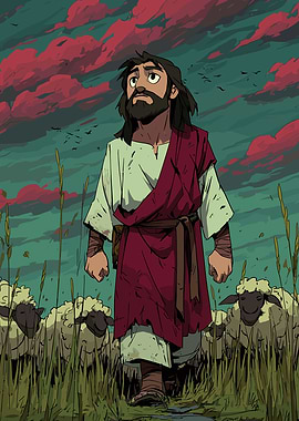Jesus As A Shepherd with Sheep in Dramatic Sky