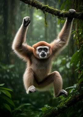 Gibbon hanging in rainy forest