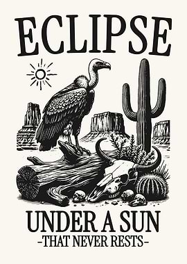 Eclipse Desert Poster Vintage Western Art, Vulture Skull Cactus Wall Art, Dark Nature Decor
