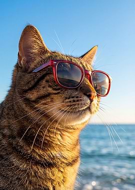 Cat Wearing Sunglasses at the Beach