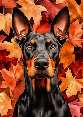 Doberman Pinscher with Autumn Leaves