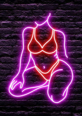 Neon Woman Silhouette in Bikini on a Dark Brick Wall Backround