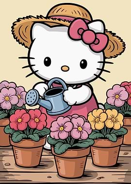 Hello Kitty watering flowers
