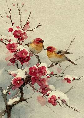 Two birds on a snowy branch