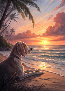 Dog watching a sunset on the beach