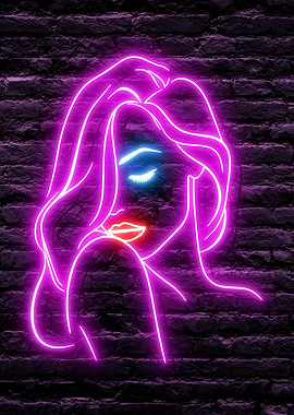Neon Seductive Beautiful Woman Portrait on dark Brick Wall Background