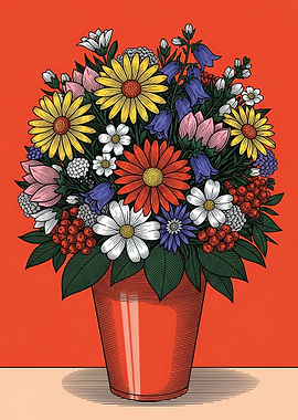 Vibrant Floral Arrangement in Red Vase