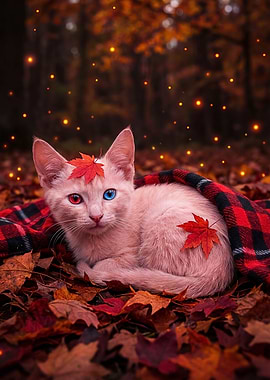 Kitten with Heterochromia in Autumn Leaves
