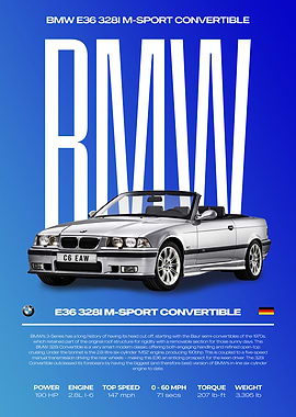 BMW E36 328i M-Sport Convertible Motorcycle Poster