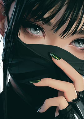 Anime Girl with Black Mask and Green Nails