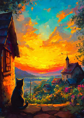 Black Cat Watching a Sunset Over a Village