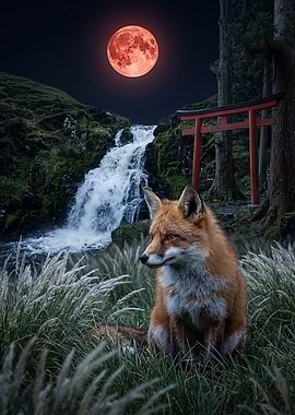 Fox by Waterfall Under Blood Moon