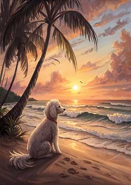 Poodle on a beach at sunset