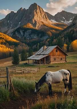 Horse and Cabin in Autumn Mountains