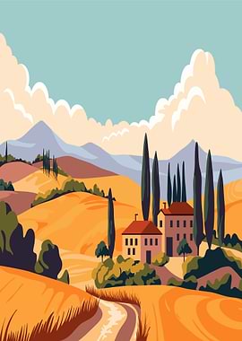 Tuscan Landscape with Villa and Cypress Trees