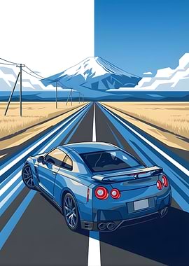 Blue Sports Car on a Road to Mount Fuji