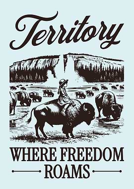 Territory Vintage Poster, Bison Western Landscape Art, Wild Nature Wall Decor, Rustic Outdoor Design