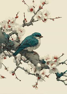 Blue Bird on Cherry Blossom Branch