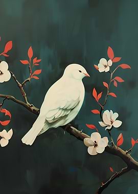 White bird on a branch with flowers