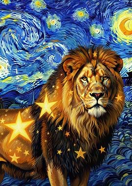 Lion with Stars in Starry Night Sky