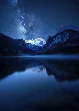 Milky Way Over Snowy Mountains and Lake